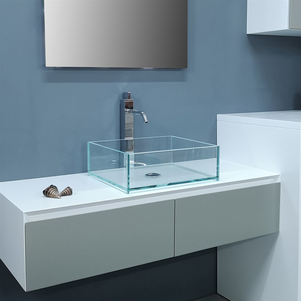 Lavabo in vetro 120x35,5 sospeso con mensole in ceramica Glass 